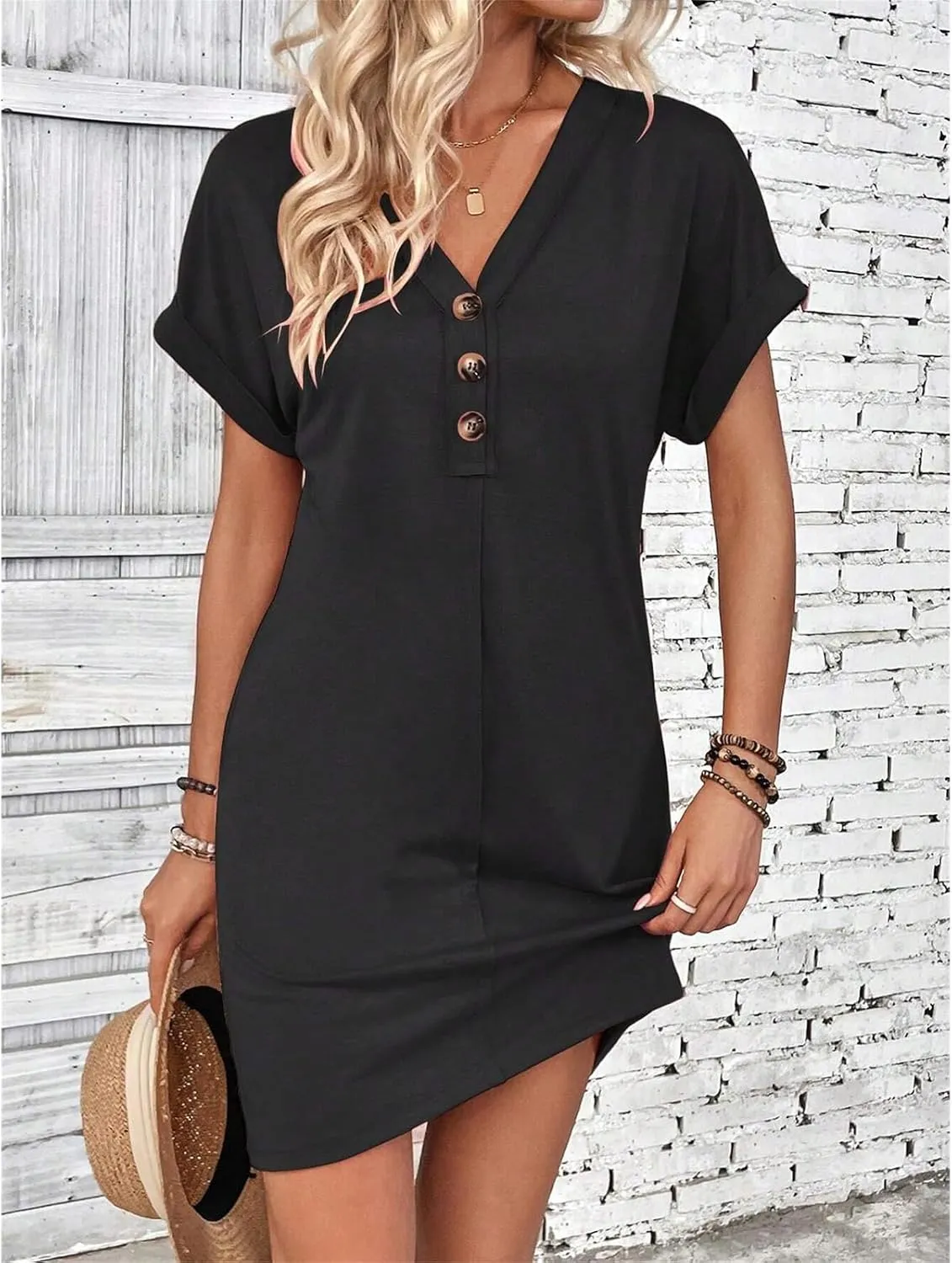 Womens Button Front V Neck Midi Dresses Casual Swing Shirt Sundress Short Sleeve Beach Summer Dress