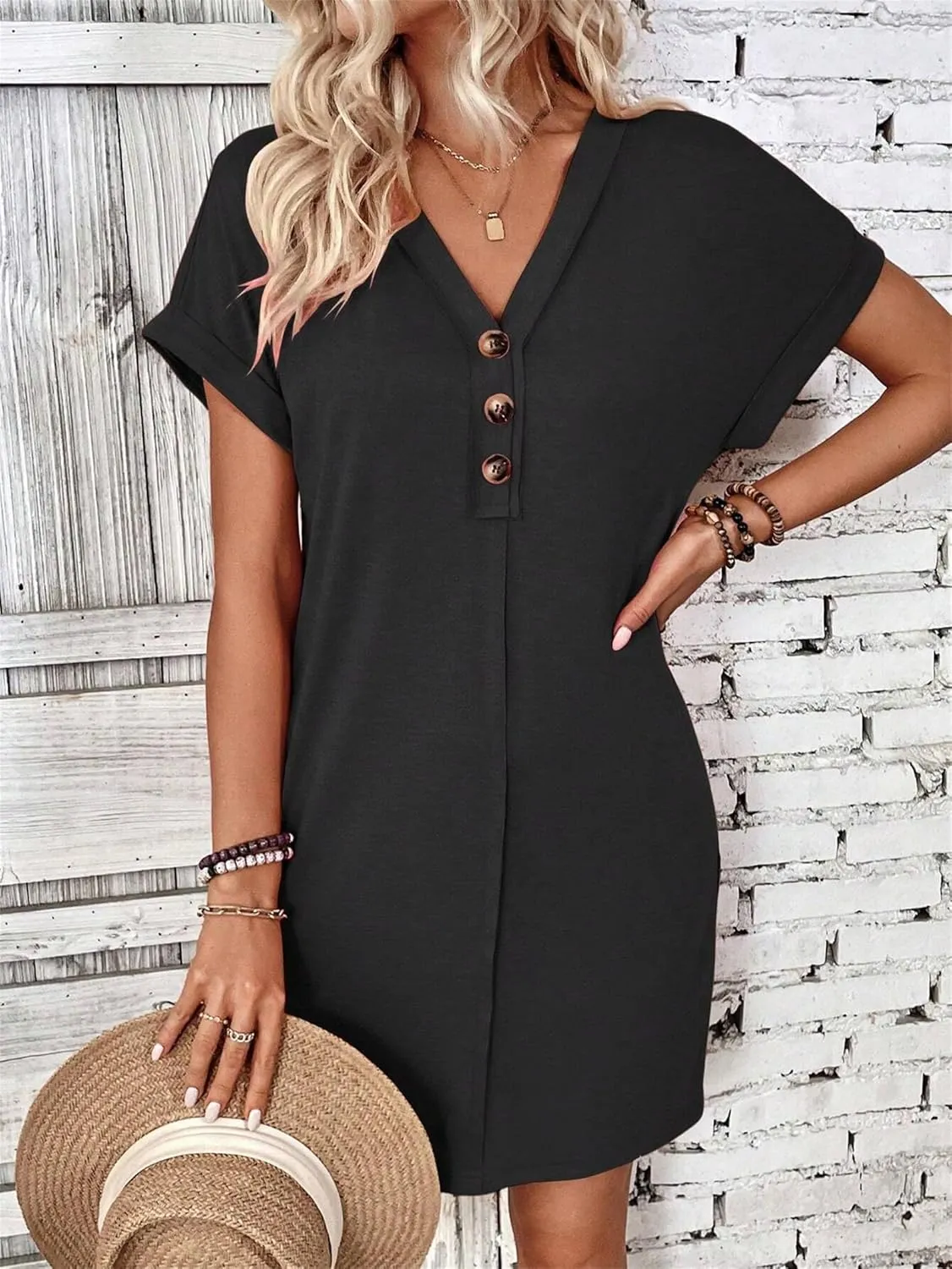 Womens Button Front V Neck Midi Dresses Casual Swing Shirt Sundress Short Sleeve Beach Summer Dress