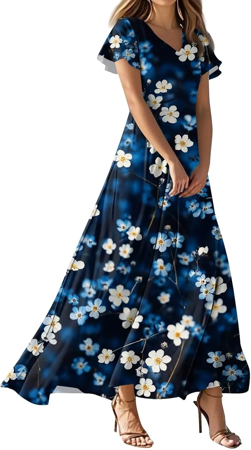 Women's Casual A-Line Dresses 2025 V Neck Short Sleeve Dress Empire Waist Boho Summer Sundress