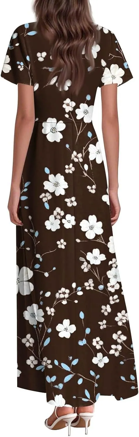 Women's Casual A-Line Dresses 2025 V Neck Short Sleeve Dress Empire Waist Boho Summer Sundress