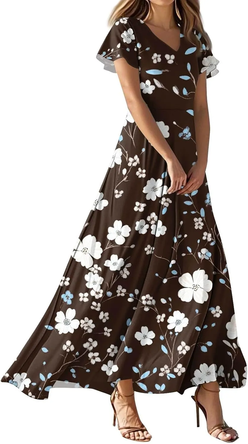 Women's Casual A-Line Dresses 2025 V Neck Short Sleeve Dress Empire Waist Boho Summer Sundress