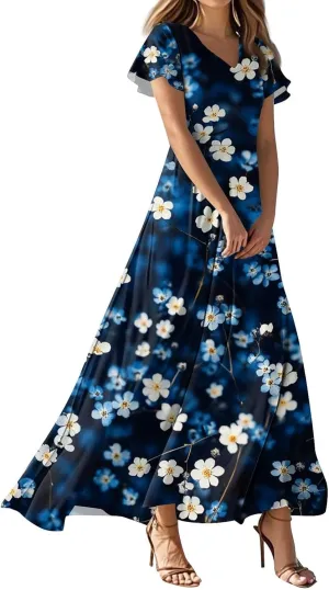 Women's Casual A-Line Dresses 2025 V Neck Short Sleeve Dress Empire Waist Boho Summer Sundress