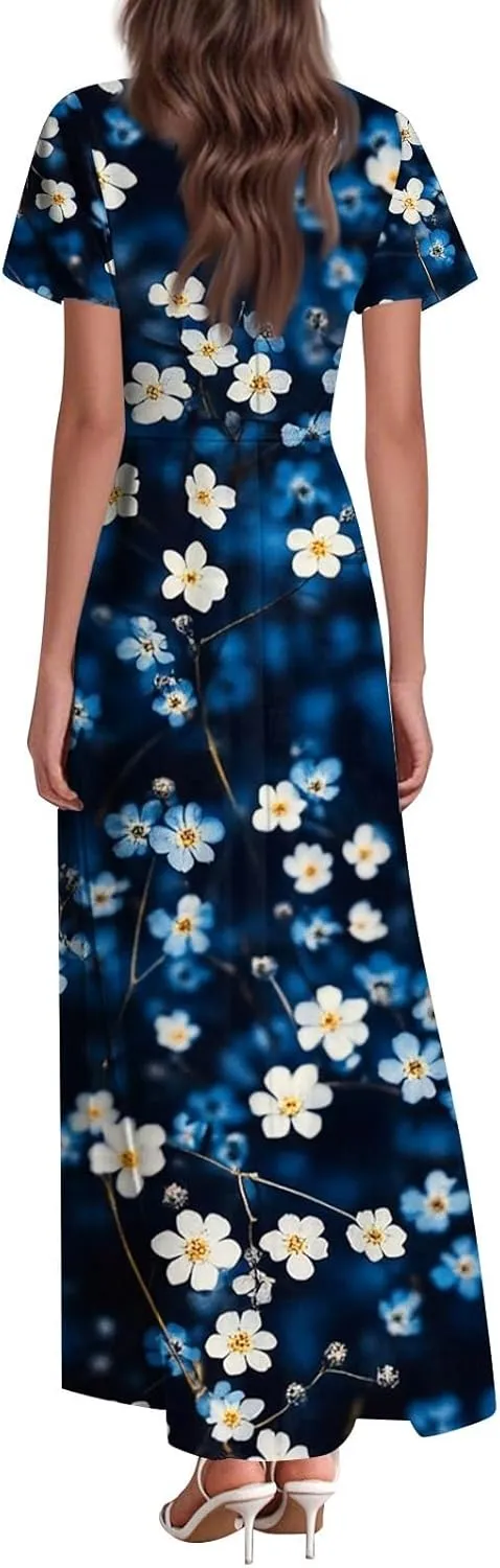 Women's Casual A-Line Dresses 2025 V Neck Short Sleeve Dress Empire Waist Boho Summer Sundress