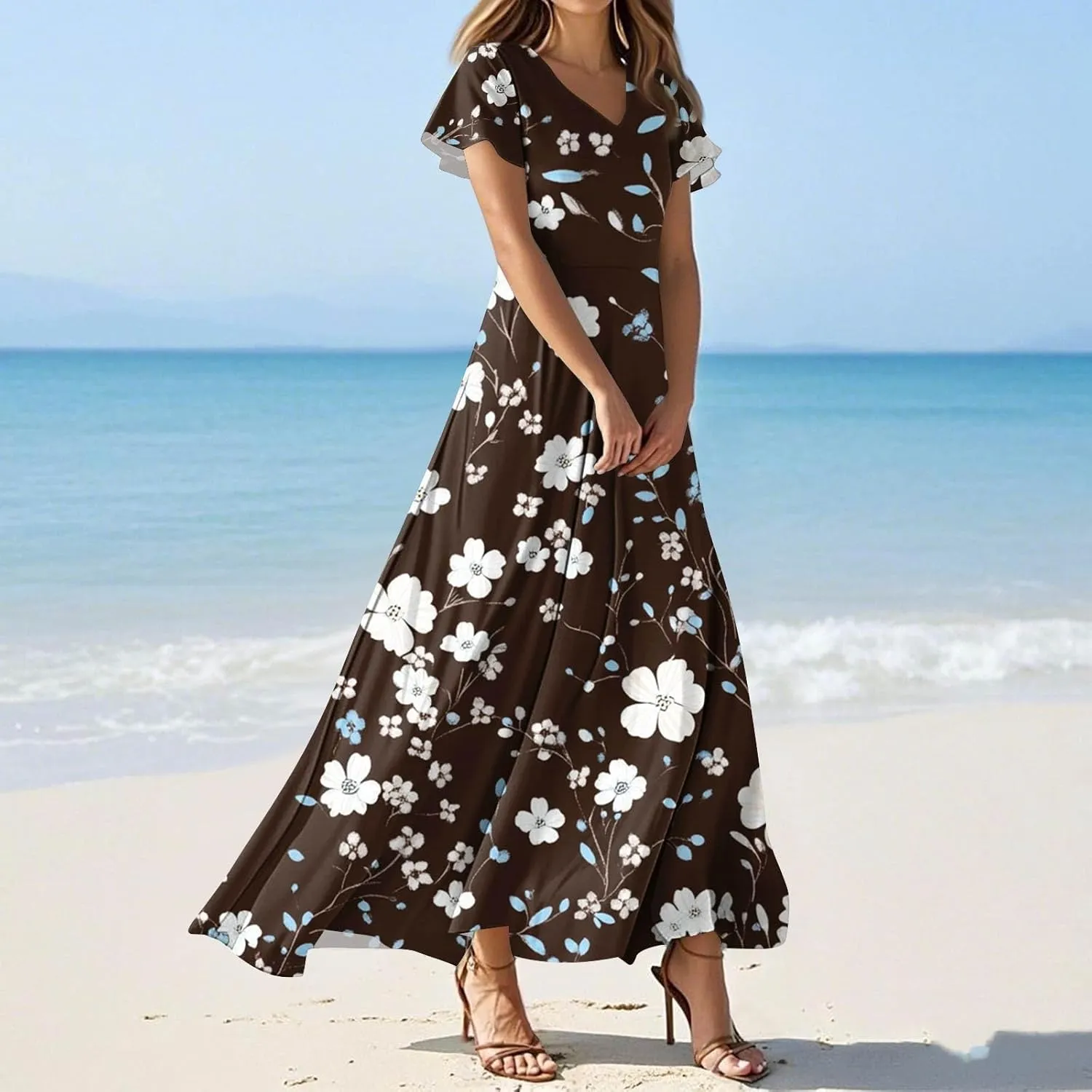 Women's Casual A-Line Dresses 2025 V Neck Short Sleeve Dress Empire Waist Boho Summer Sundress