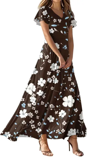 Women's Casual A-Line Dresses 2025 V Neck Short Sleeve Dress Empire Waist Boho Summer Sundress