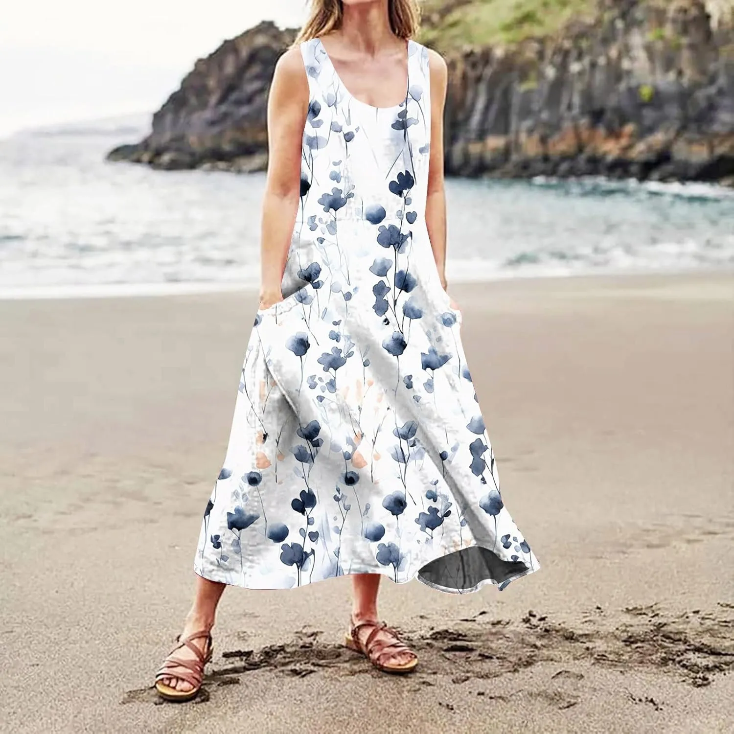 Women's Casual Sleeveless Maxi Dress 2025 Summer Tank Scoop Neck Loose Beach Sundress Beach Vacation Dresses
