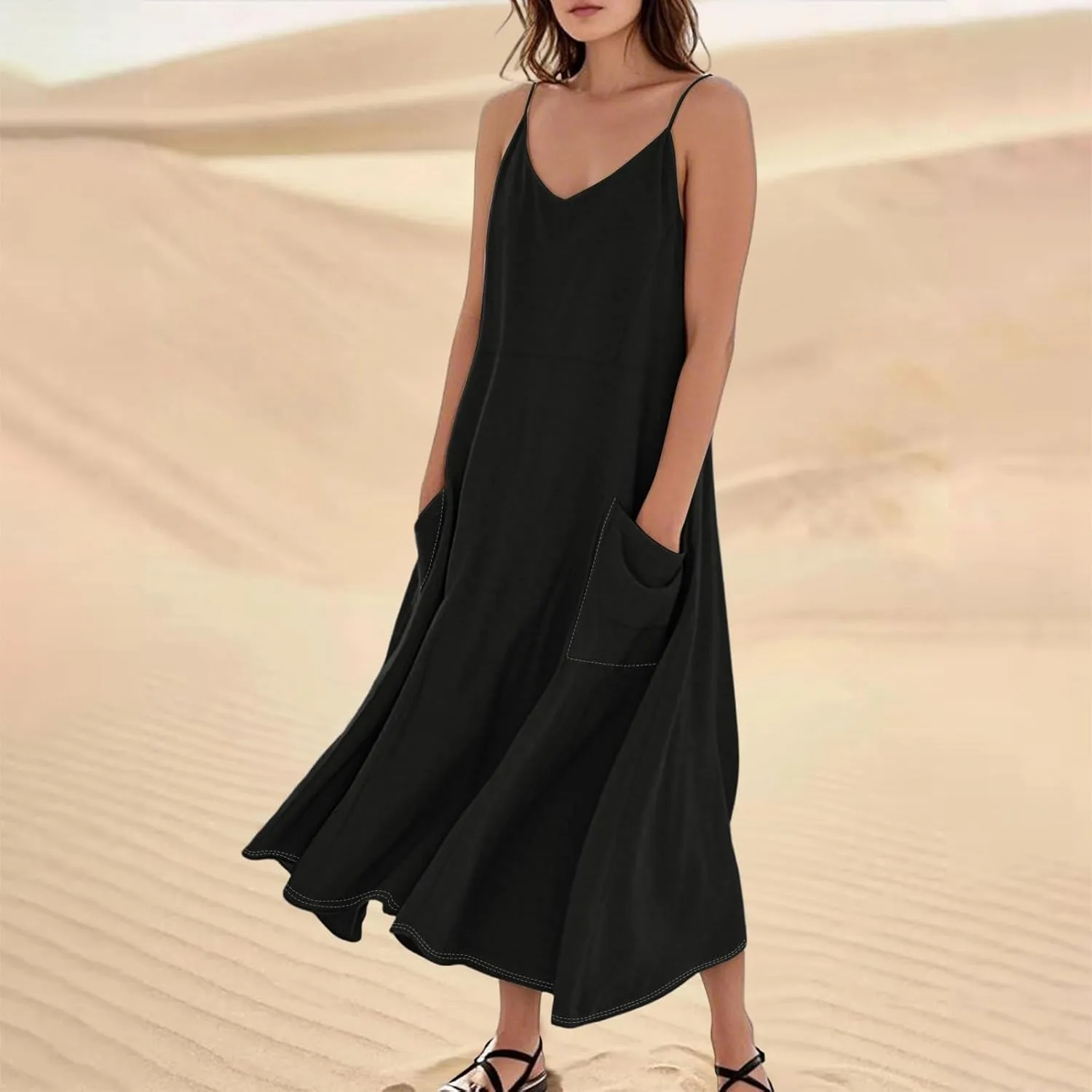 Women's Casual Solid Color Dresses Adult Summer Loose Sleeveless Pocket Spaghetti Straps Dresses