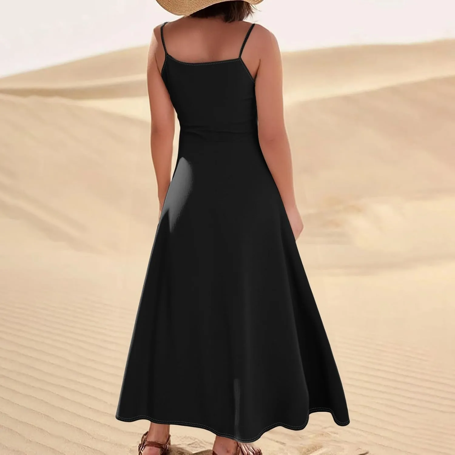 Women's Casual Solid Color Dresses Adult Summer Loose Sleeveless Pocket Spaghetti Straps Dresses