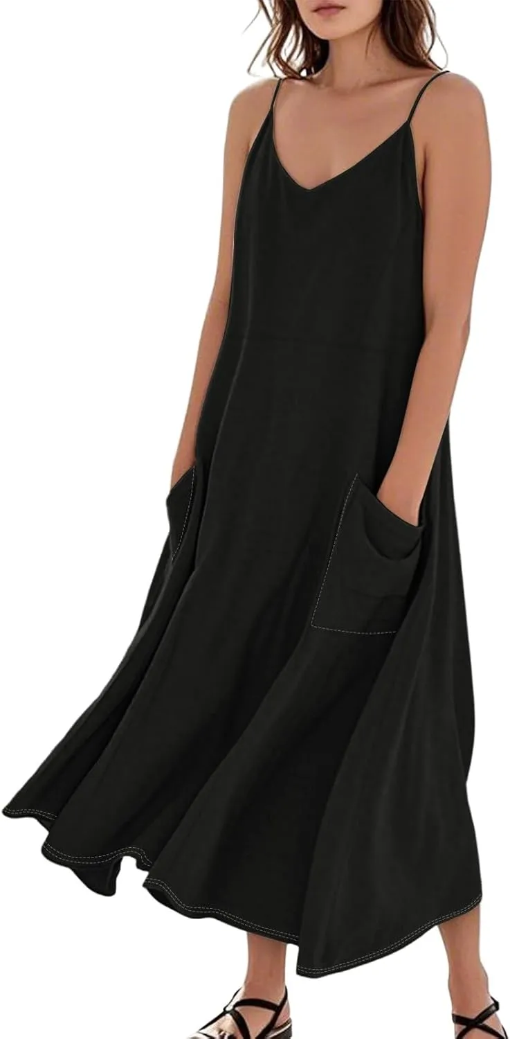 Women's Casual Solid Color Dresses Adult Summer Loose Sleeveless Pocket Spaghetti Straps Dresses