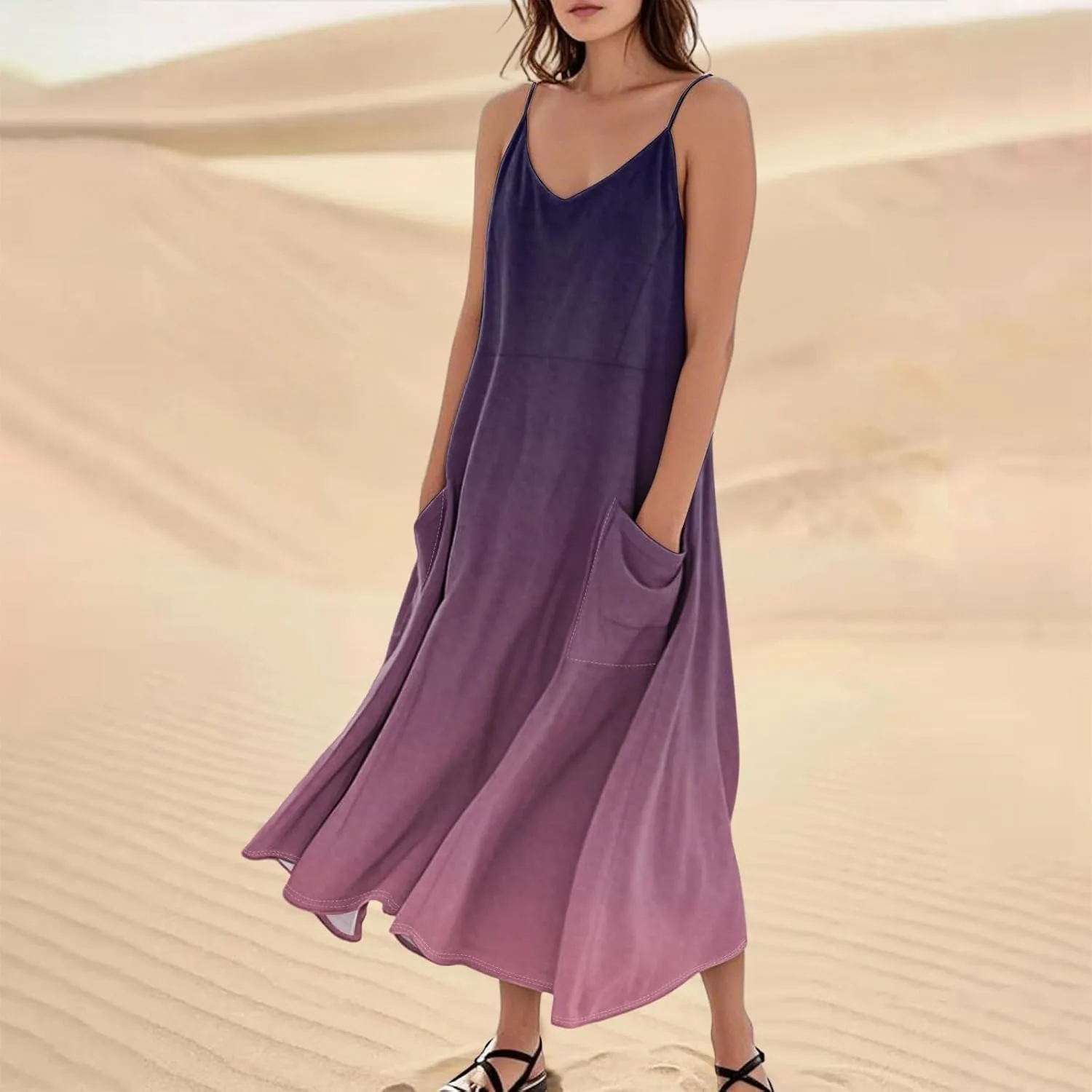 Women's Casual Solid Color Dresses Adult Summer Loose Sleeveless Pocket Spaghetti Straps Dresses