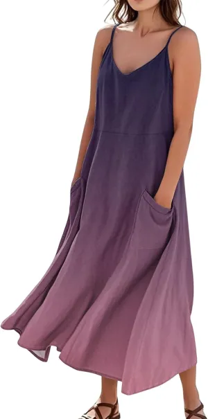 Women's Casual Solid Color Dresses Adult Summer Loose Sleeveless Pocket Spaghetti Straps Dresses