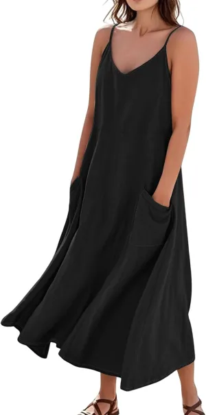 Women's Casual Solid Color Dresses Adult Summer Loose Sleeveless Pocket Spaghetti Straps Dresses