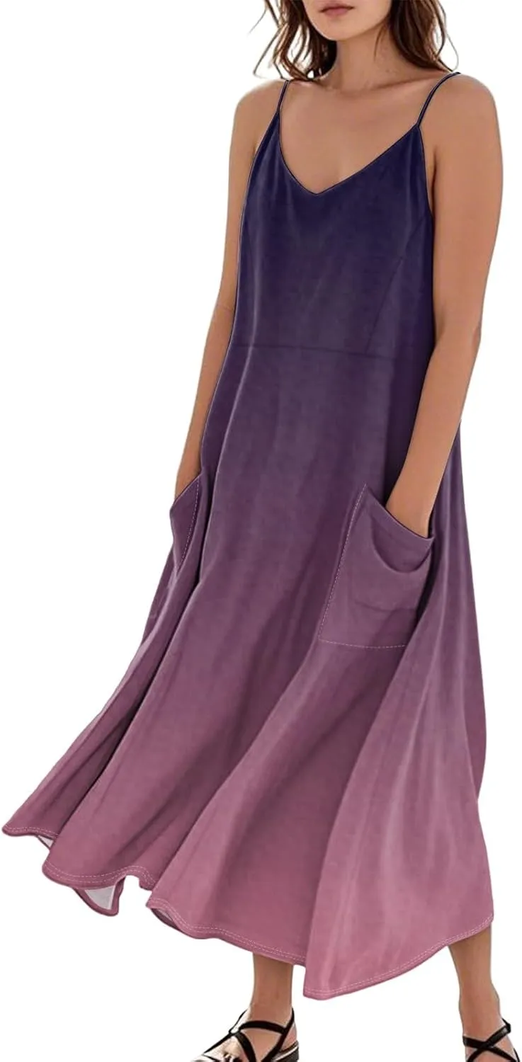 Women's Casual Solid Color Dresses Adult Summer Loose Sleeveless Pocket Spaghetti Straps Dresses