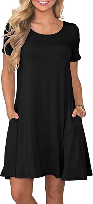 Women's Casual Solid Color Sundress Fashionable Two Pockets Midi Dresses Lightweight Cocktail Party T-Shirt Dresses