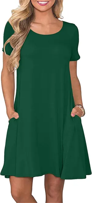 Women's Casual Solid Color Sundress Fashionable Two Pockets Midi Dresses Lightweight Cocktail Party T-Shirt Dresses