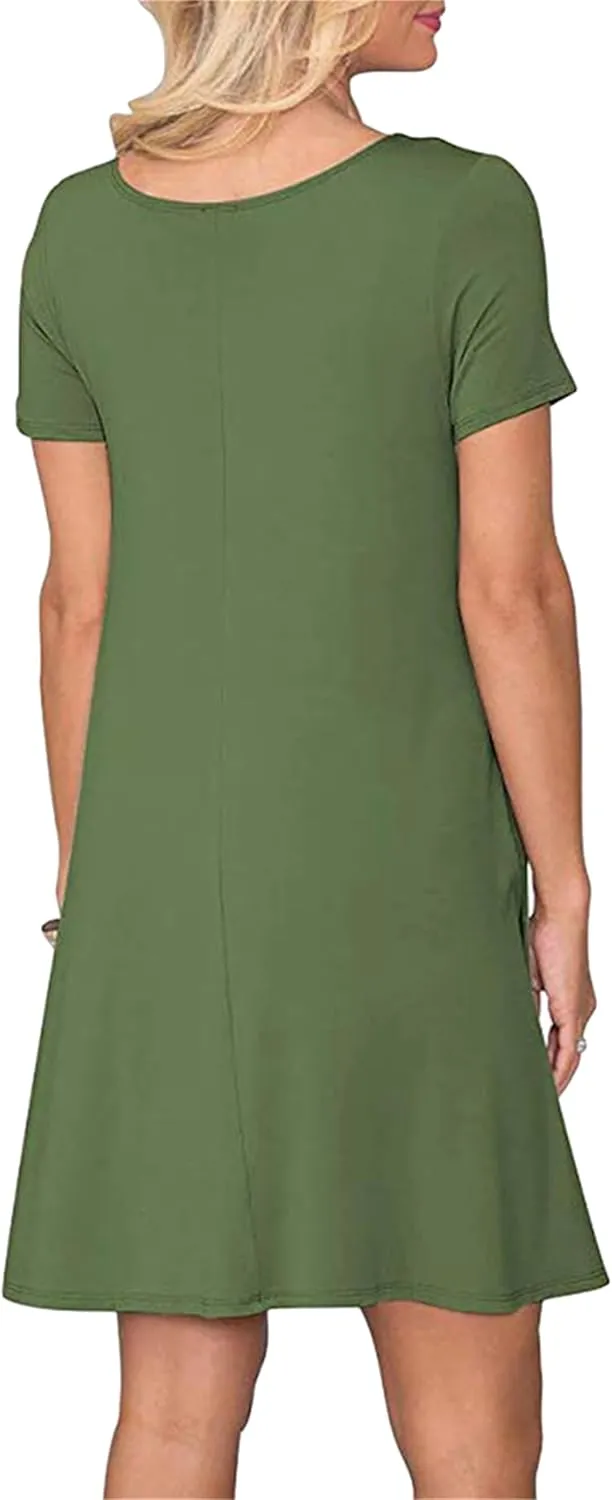 Women's Casual Solid Color Sundress Fashionable Two Pockets Midi Dresses Lightweight Cocktail Party T-Shirt Dresses
