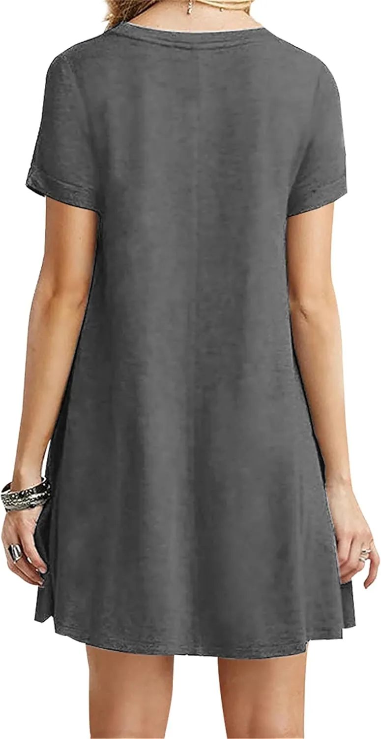 Women's Casual Solid Color Sundress Fashionable Two Pockets Midi Dresses Lightweight Cocktail Party T-Shirt Dresses