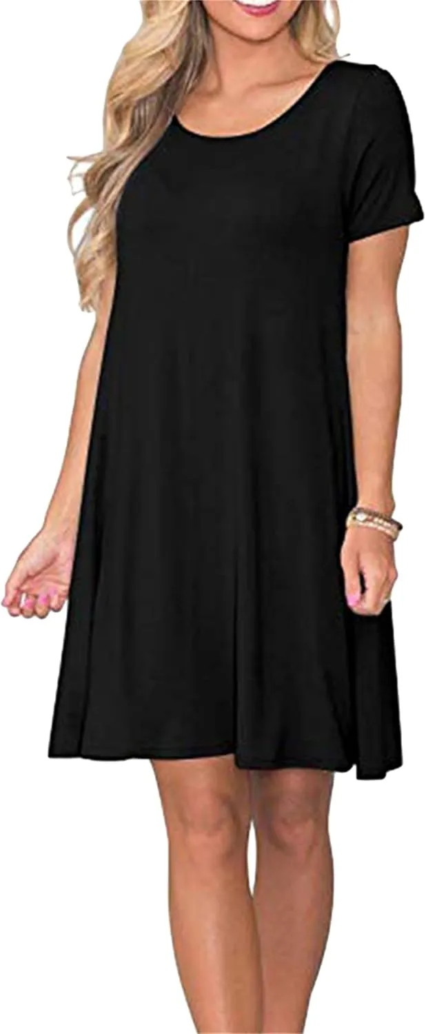 Women's Casual Solid Color Sundress Fashionable Two Pockets Midi Dresses Lightweight Cocktail Party T-Shirt Dresses