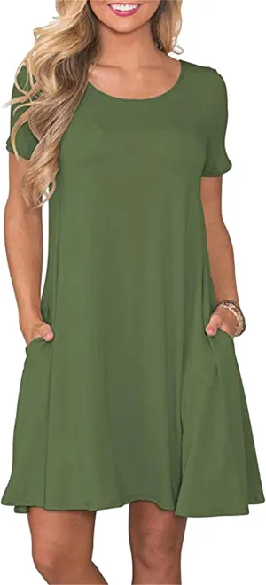 Women's Casual Solid Color Sundress Fashionable Two Pockets Midi Dresses Lightweight Cocktail Party T-Shirt Dresses