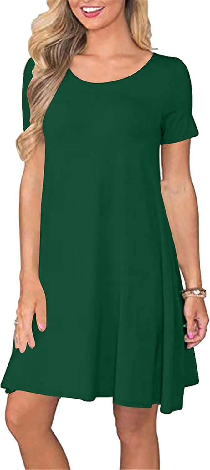 Women's Casual Solid Color Sundress Fashionable Two Pockets Midi Dresses Lightweight Cocktail Party T-Shirt Dresses
