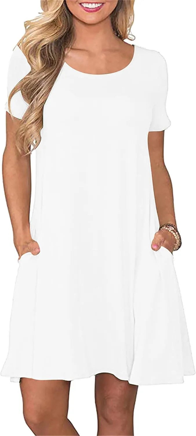 Women's Casual Solid Color Sundress Fashionable Two Pockets Midi Dresses Lightweight Cocktail Party T-Shirt Dresses