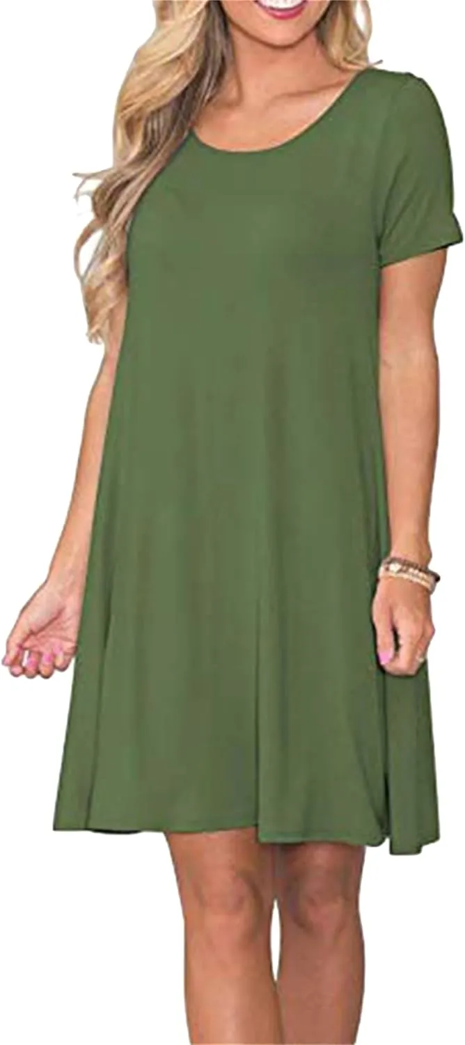 Women's Casual Solid Color Sundress Fashionable Two Pockets Midi Dresses Lightweight Cocktail Party T-Shirt Dresses