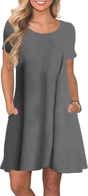 Women's Casual Solid Color Sundress Fashionable Two Pockets Midi Dresses Lightweight Cocktail Party T-Shirt Dresses