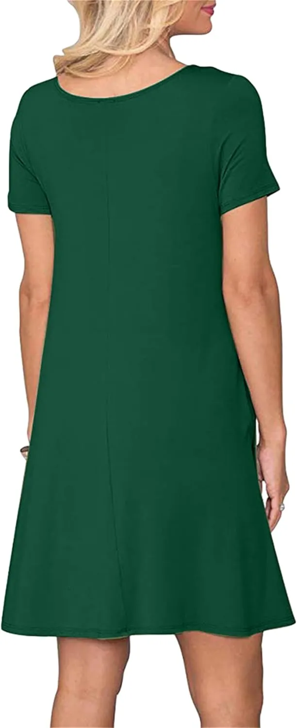 Women's Casual Solid Color Sundress Fashionable Two Pockets Midi Dresses Lightweight Cocktail Party T-Shirt Dresses