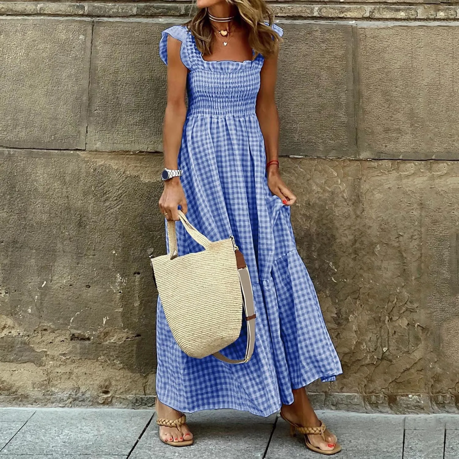 Womens Casual Summer Long Dress Sleeveless Square Neck Dresses Casual Skirts for Women 2024