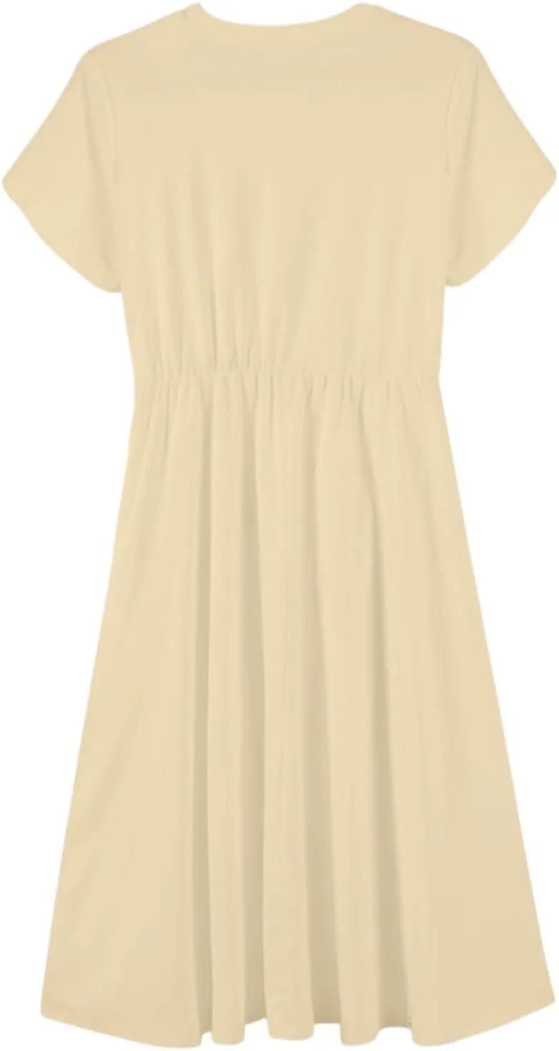 Womens Casual Summer Round Neck Midi Long Dresses Short Sleeve Simple Solid Color Beach Dress
