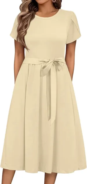 Womens Casual Summer Round Neck Midi Long Dresses Short Sleeve Simple Solid Color Beach Dress