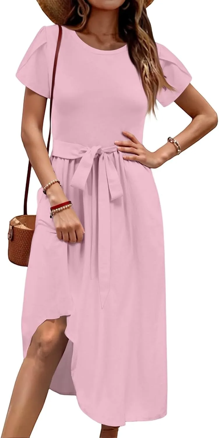 Womens Casual Summer Round Neck Midi Long Dresses Short Sleeve Simple Solid Color Beach Dress