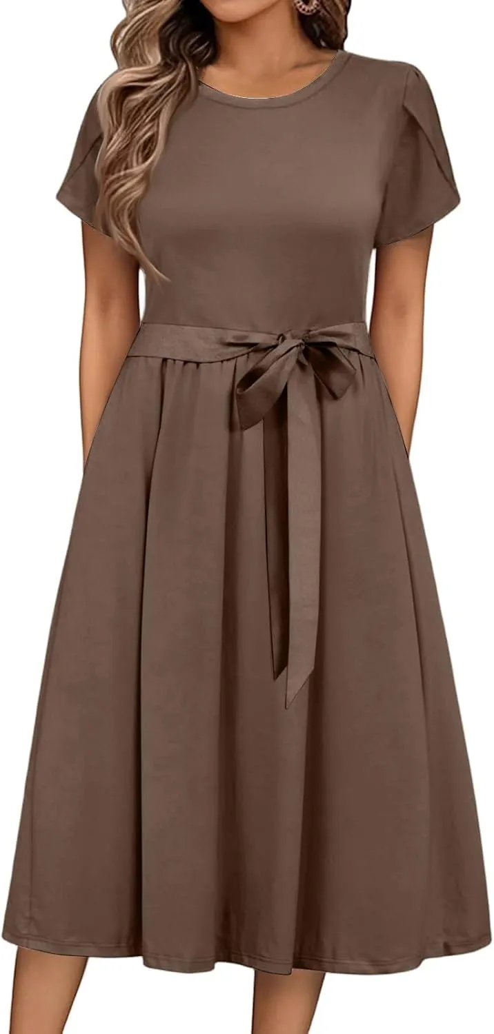 Womens Casual Summer Round Neck Midi Long Dresses Short Sleeve Simple Solid Color Beach Dress