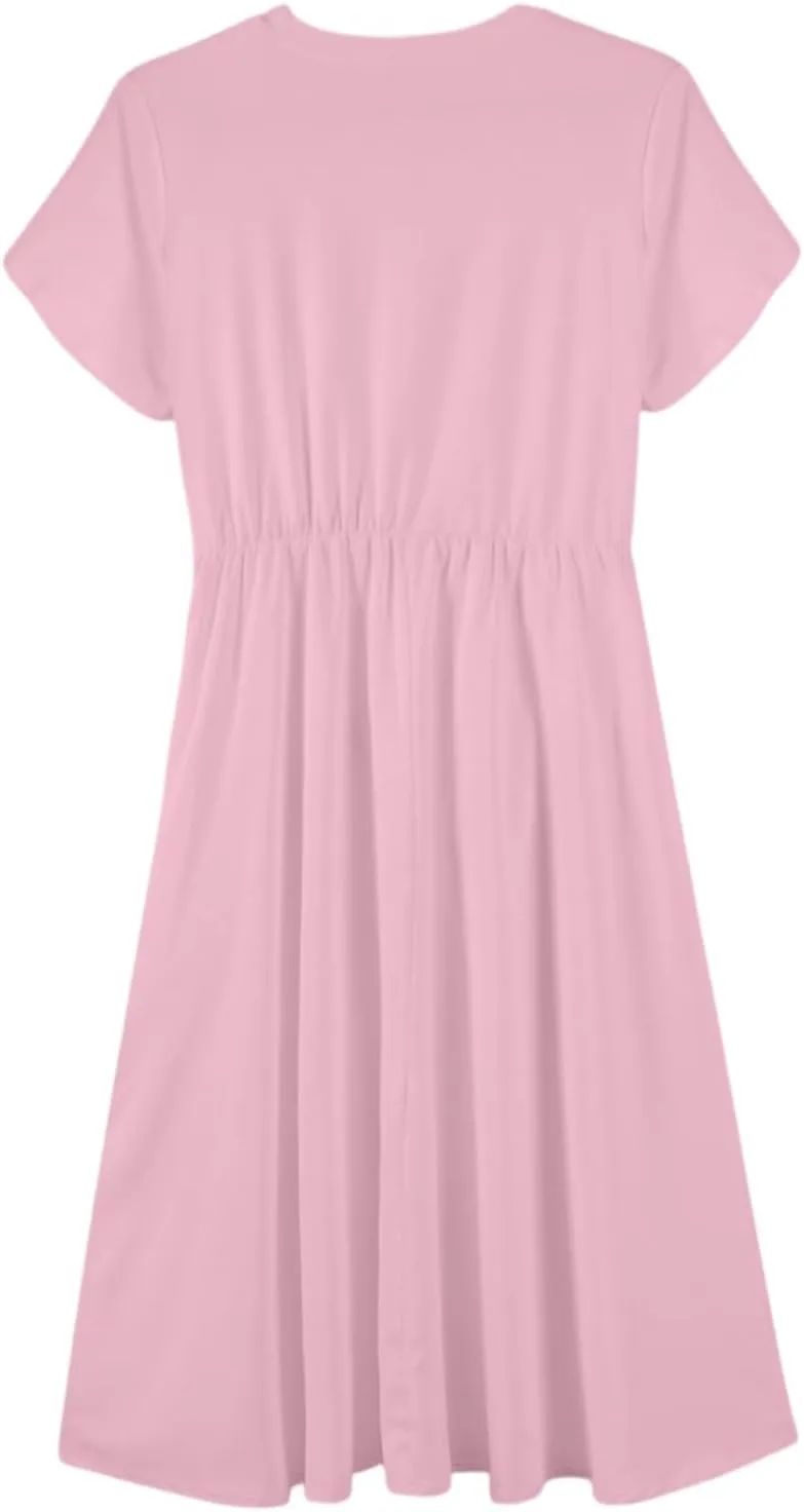 Womens Casual Summer Round Neck Midi Long Dresses Short Sleeve Simple Solid Color Beach Dress