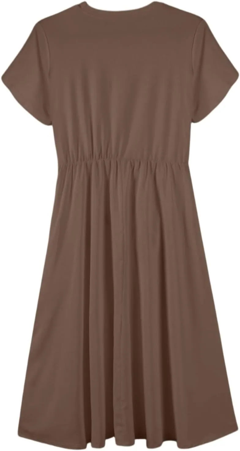 Womens Casual Summer Round Neck Midi Long Dresses Short Sleeve Simple Solid Color Beach Dress