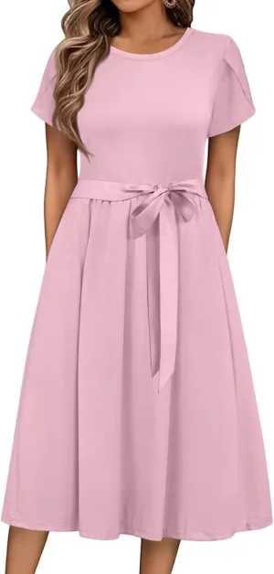 Womens Casual Summer Round Neck Midi Long Dresses Short Sleeve Simple Solid Color Beach Dress