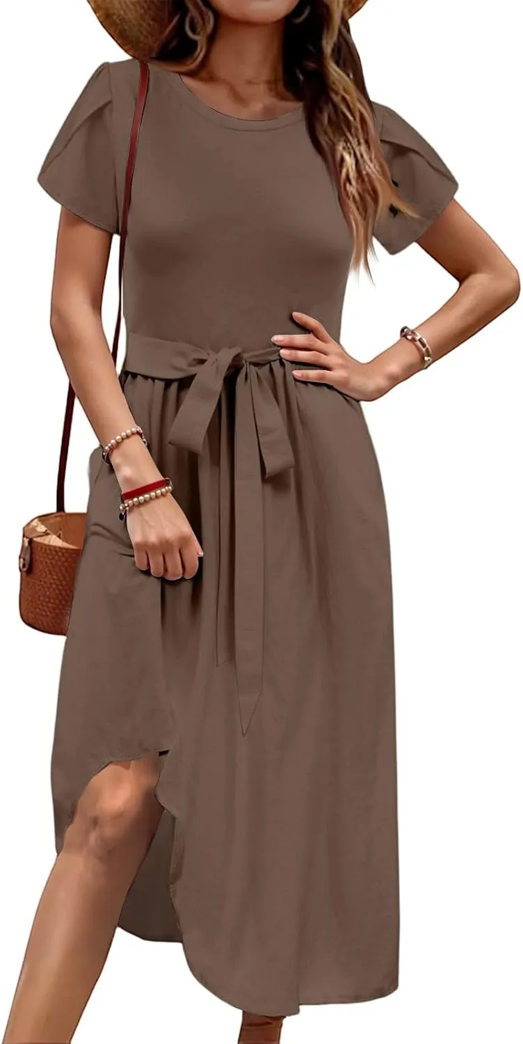 Womens Casual Summer Round Neck Midi Long Dresses Short Sleeve Simple Solid Color Beach Dress