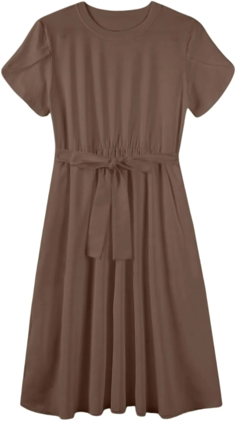 Womens Casual Summer Round Neck Midi Long Dresses Short Sleeve Simple Solid Color Beach Dress