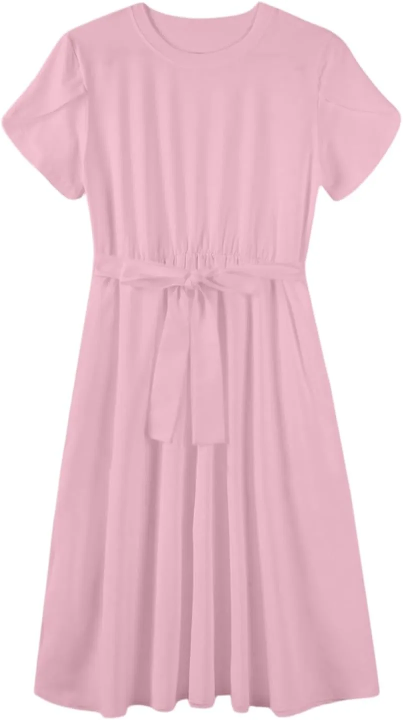 Womens Casual Summer Round Neck Midi Long Dresses Short Sleeve Simple Solid Color Beach Dress