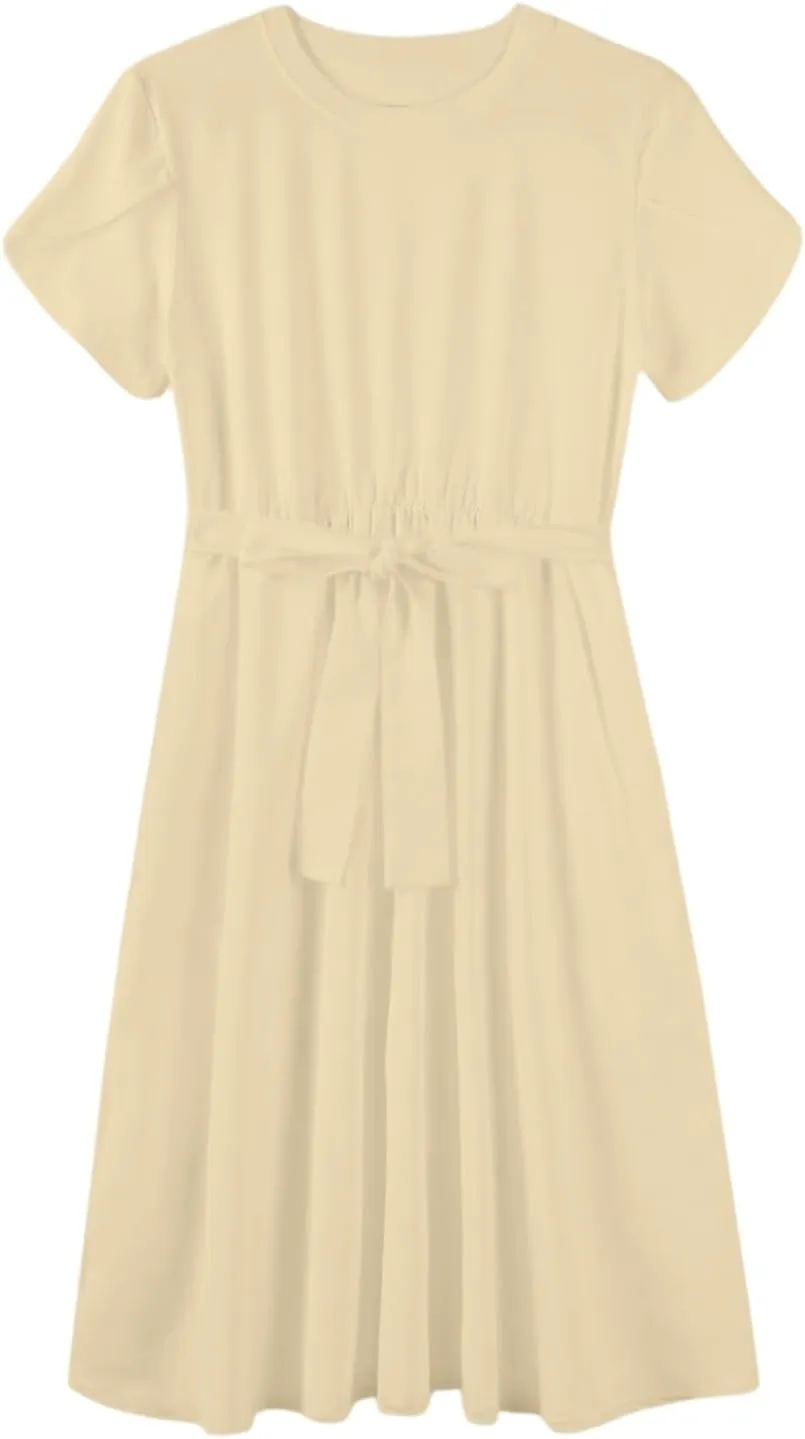 Womens Casual Summer Round Neck Midi Long Dresses Short Sleeve Simple Solid Color Beach Dress
