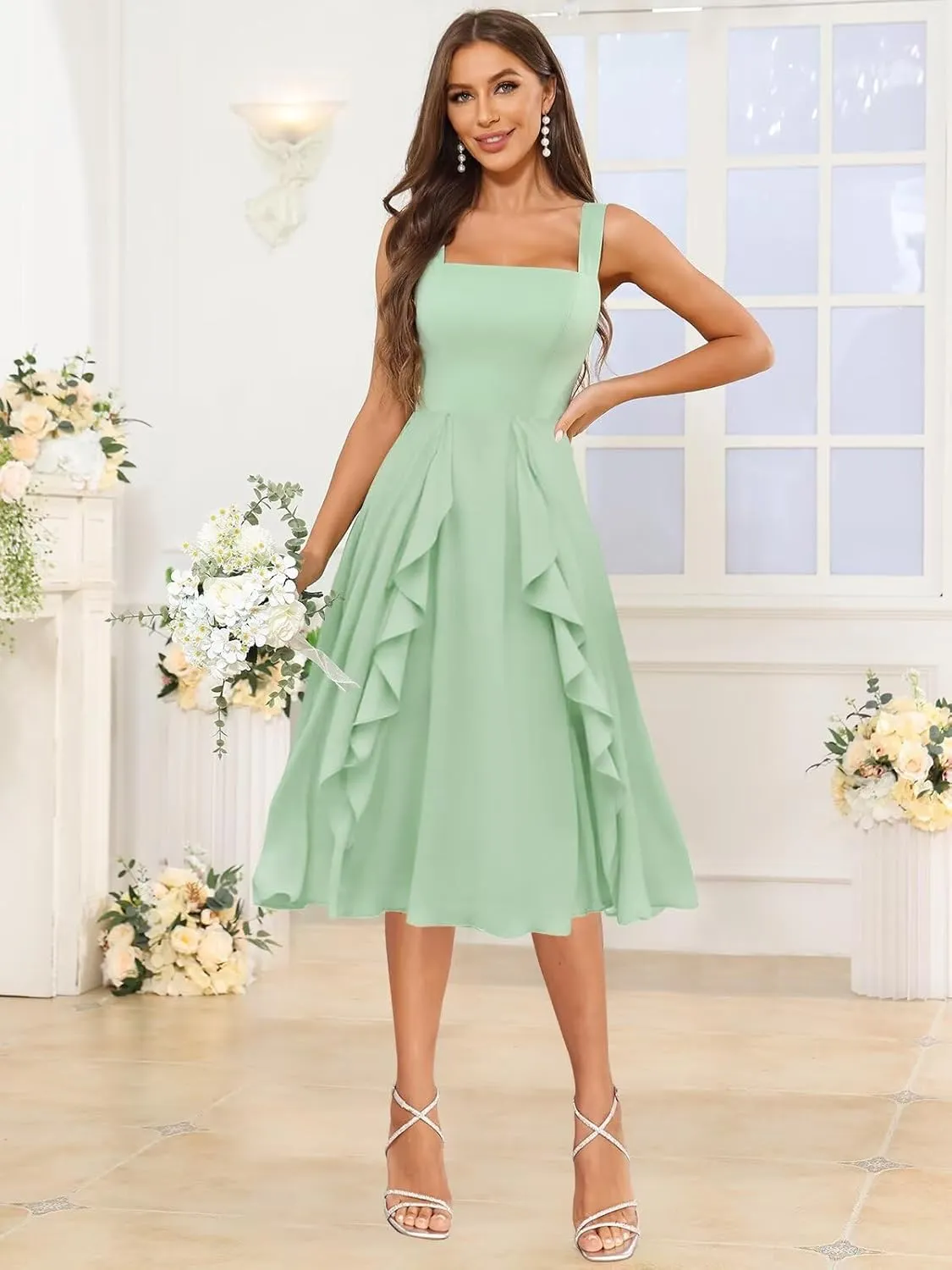 Women's Chiffon Bridesmaid Dresses Short Ruffle Square Neck Formal Evening Gowns