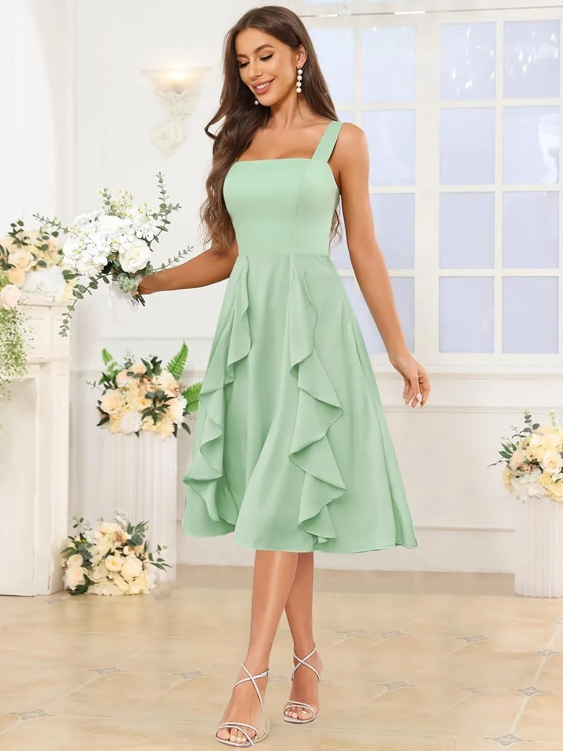 Women's Chiffon Bridesmaid Dresses Short Ruffle Square Neck Formal Evening Gowns
