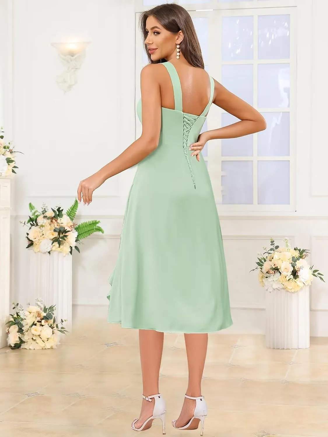 Women's Chiffon Bridesmaid Dresses Short Ruffle Square Neck Formal Evening Gowns