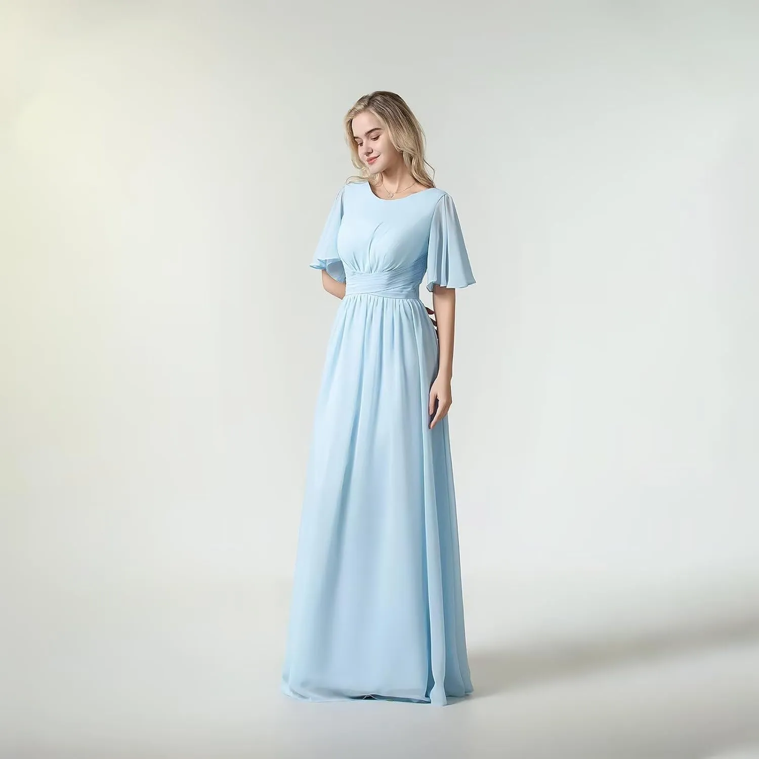 Women's Chiffon Flutter Sleeve Bridesmaid Dresses Long Scoop Neck Formal Evening Dress Wedding Guest Dress