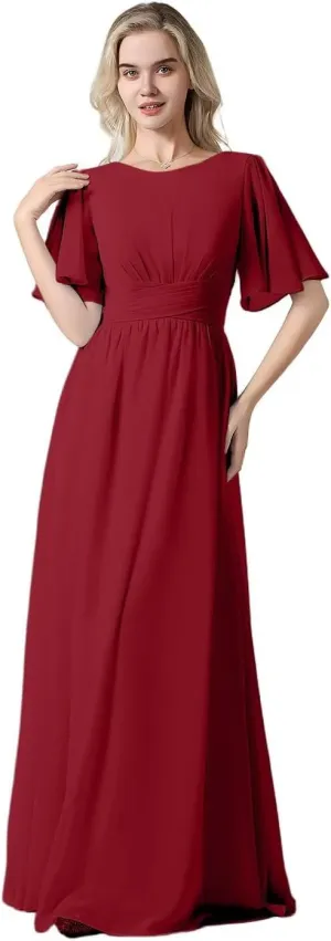Women's Chiffon Flutter Sleeve Bridesmaid Dresses Long Scoop Neck Formal Evening Dress Wedding Guest Dress