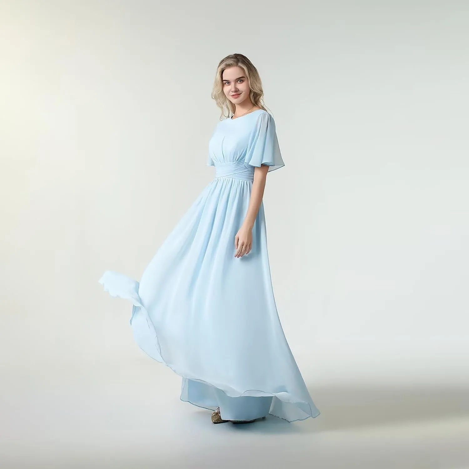 Women's Chiffon Flutter Sleeve Bridesmaid Dresses Long Scoop Neck Formal Evening Dress Wedding Guest Dress