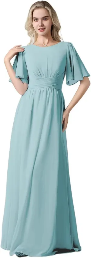 Women's Chiffon Flutter Sleeve Bridesmaid Dresses Long Scoop Neck Formal Evening Dress Wedding Guest Dress