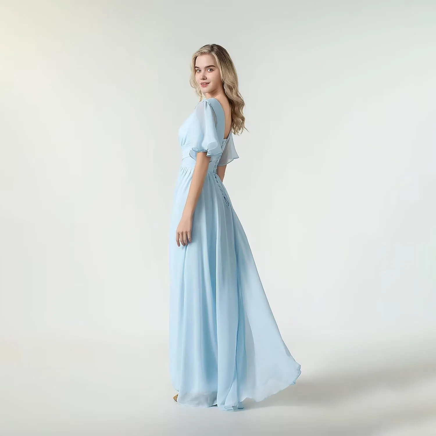 Women's Chiffon Flutter Sleeve Bridesmaid Dresses Long Scoop Neck Formal Evening Dress Wedding Guest Dress
