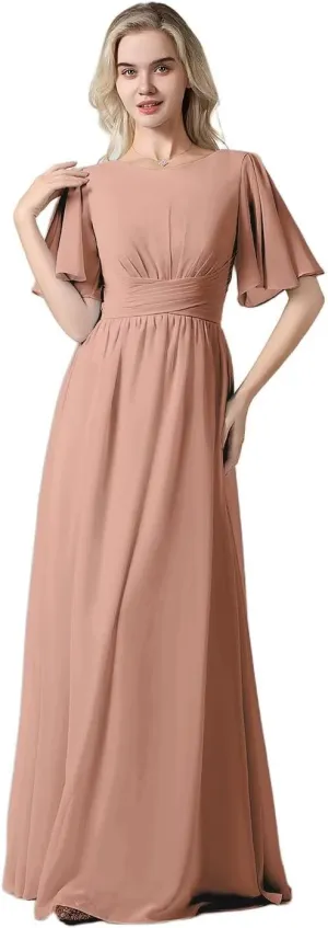 Women's Chiffon Flutter Sleeve Bridesmaid Dresses Long Scoop Neck Formal Evening Dress Wedding Guest Dress