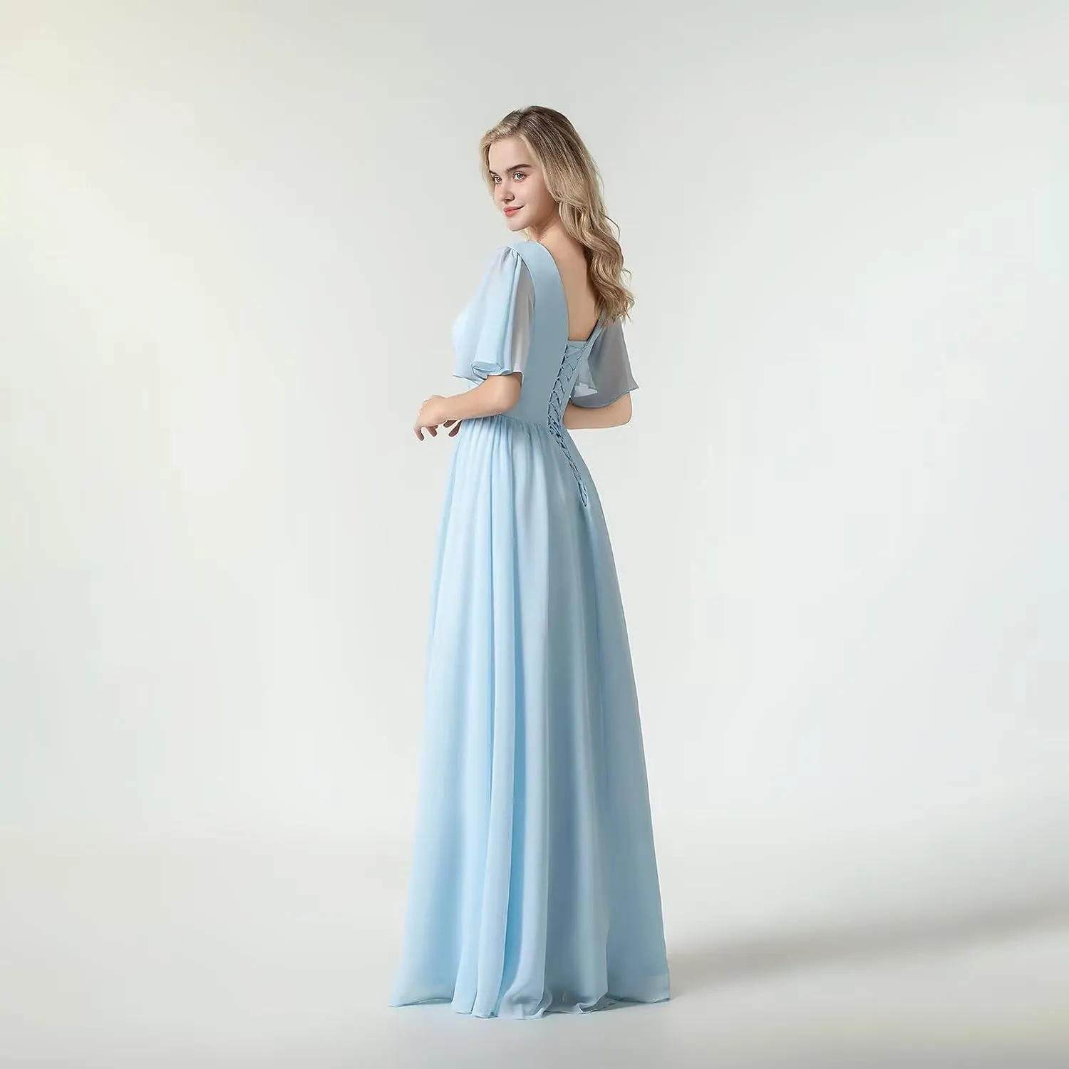 Women's Chiffon Flutter Sleeve Bridesmaid Dresses Long Scoop Neck Formal Evening Dress Wedding Guest Dress